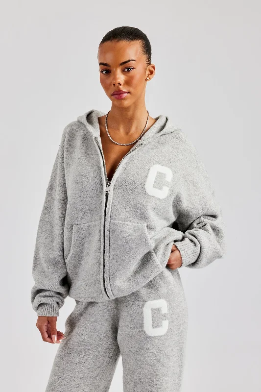Knitted Zip Through Hoodie - Light Grey Earthy Women's 