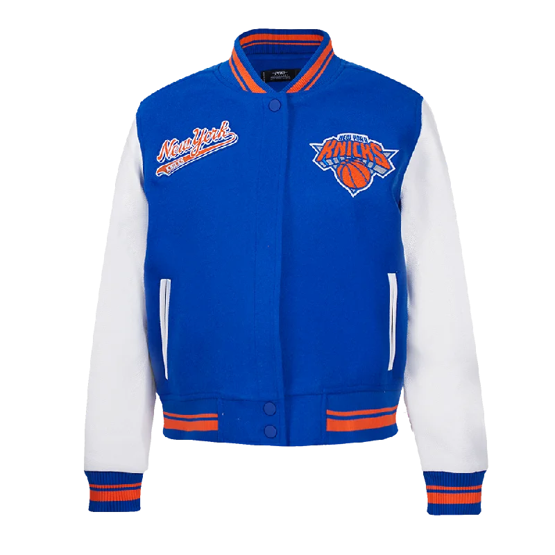 NBA NEW YORK KNICKS SCRIPT TAIL WOMEN'S WOOL VARSITY JACKET (ROYAL/ORANGE/ROYAL) Bold Women's Statement NBA NEW YORK KNICKS SCRIPT TAIL WOMEN'S WOOL VARSITY JACKET (ROYAL/ORANGE/ROYAL) Bold Women's Statement