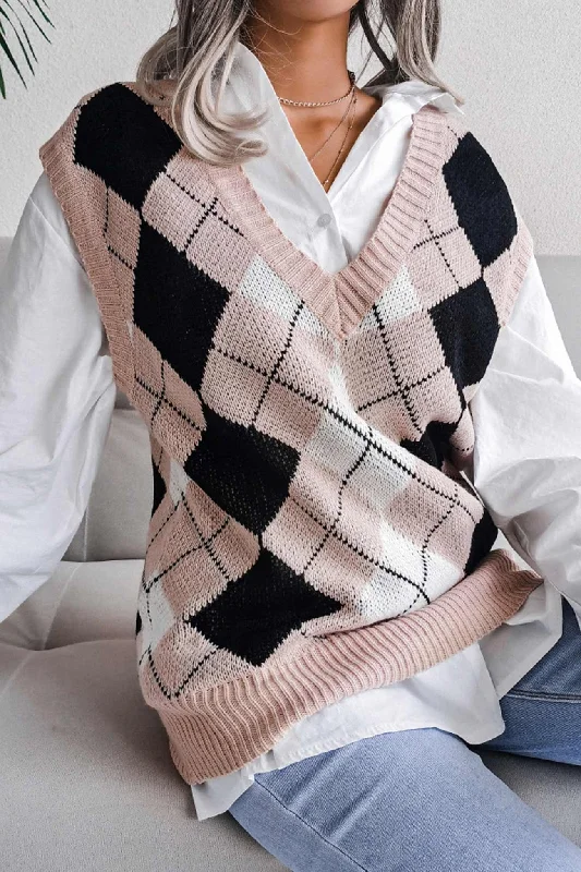 BerryBetty - V Neck Checked Knit Tank Sweater Sustainable Organic