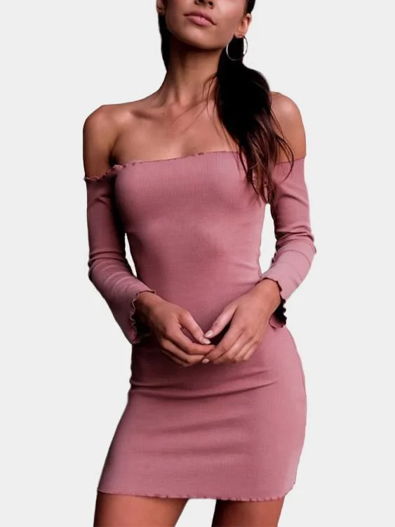 Wholesale Pink Off The Shoulder Long Sleeve Plain Flounced Hem Mini Dresses Bold Women's Animal Print Wholesale Pink Off The Shoulder Long Sleeve Plain Flounced Hem Mini Dresses Bold Women's Animal Print