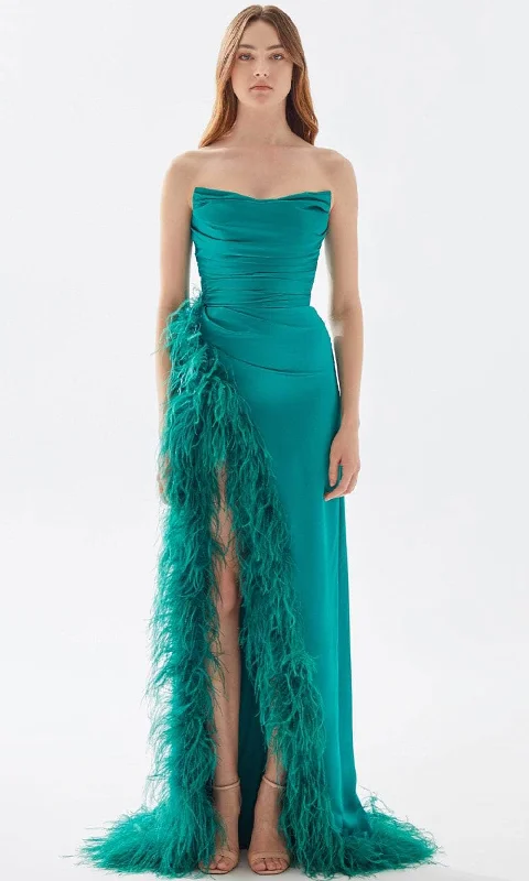 Tarik Ediz 52004 - Strapless Feathered Slit Prom Gown Artistic Women's Hand - painted