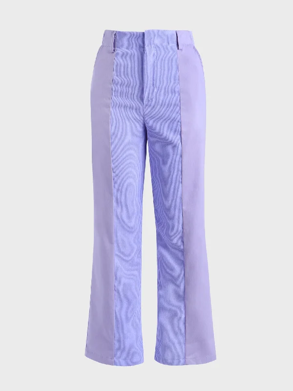 Midsize High Waist Straight Leg Colorblock Corduroy Pants with Pockets