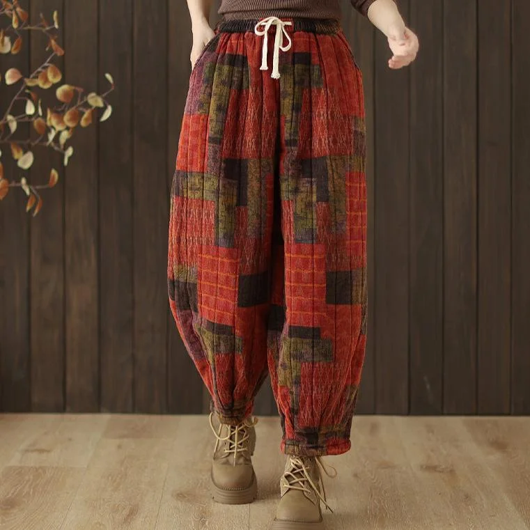 Babakud Women Winter Ethnic Printed Quilted Loose Fit Cotton Linen Pants Dapper Women's 1920S