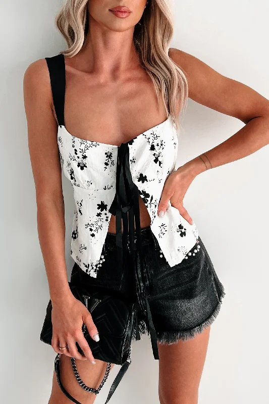 All The Buzz Eyelet Floral Bow Tie Top (Ivory/Black) Elegant Women's 