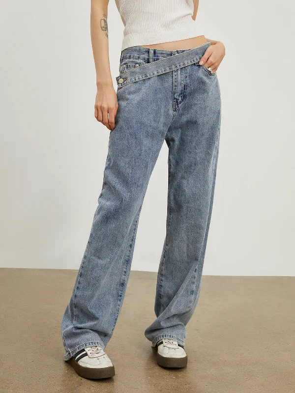 BerryBetty - Oblique Belt Denim Straight Leg Jeans