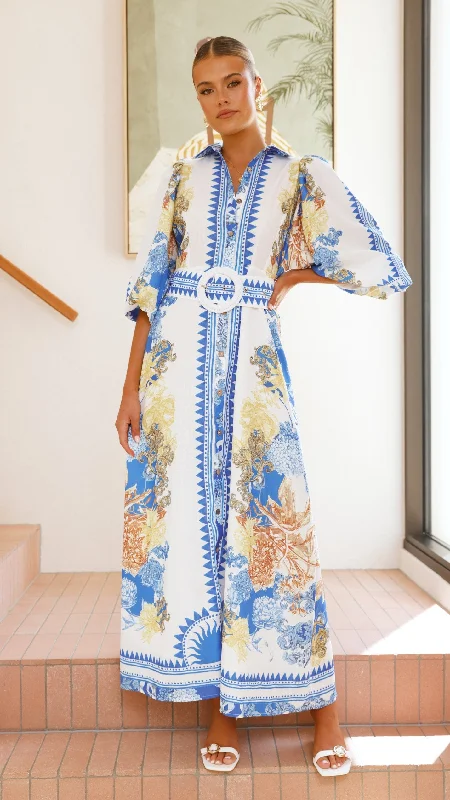 Arana Maxi Dress - Blue/White Print Confident Women's Power