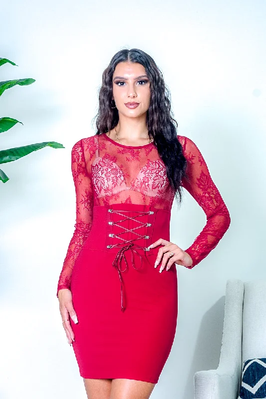 Floral Lace Empire Waist Long Sleeve Mini Dress with Bustier Style Cinching Leatherette Tie in Red (HD7207) Stylish Women's Tropical Floral Lace Empire Waist Long Sleeve Mini Dress with Bustier Style Cinching Leatherette Tie in Red (HD7207) Stylish Women's Tropical