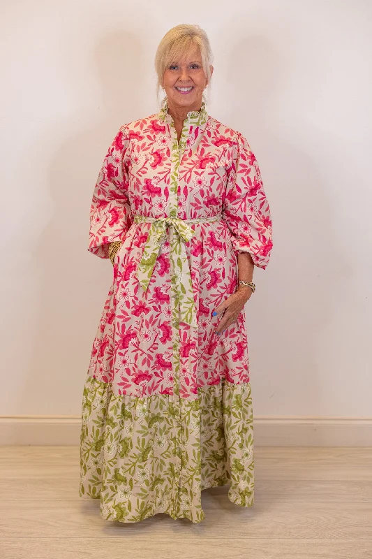 Pink And Olive Floral Maxi Dress Geometric