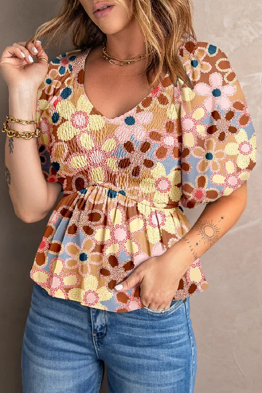 Apricot Floral Print Puff Sleeve Blouse V Neck Smocked Peplum Top Sleek Women's 