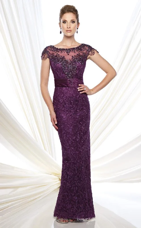 Mon Cheri Embellished Illusion Cap Sleeve Gown