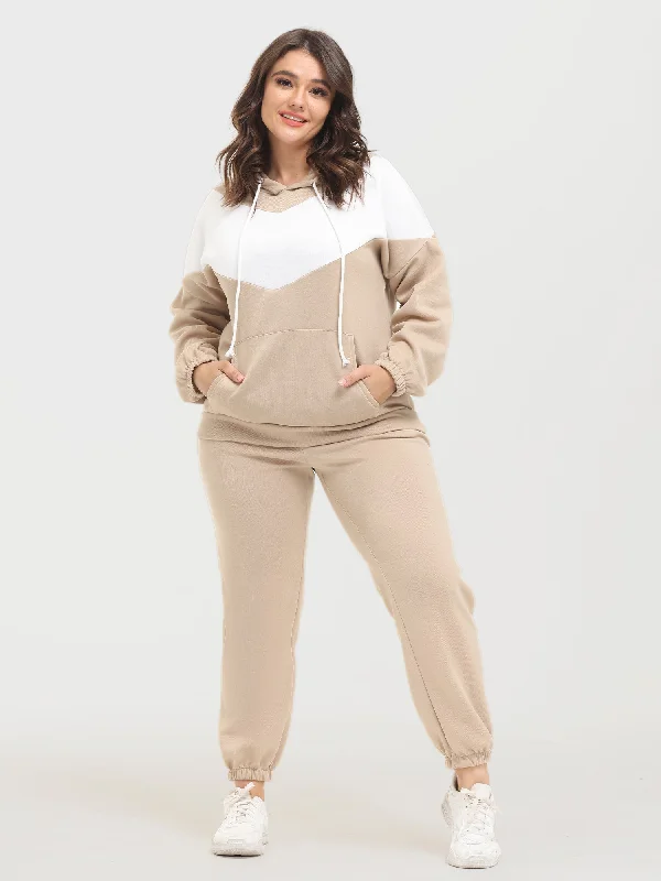 Midsize Casual Fashion Colorblock Fleece Hoodie 2-Piece Set Australian Beach