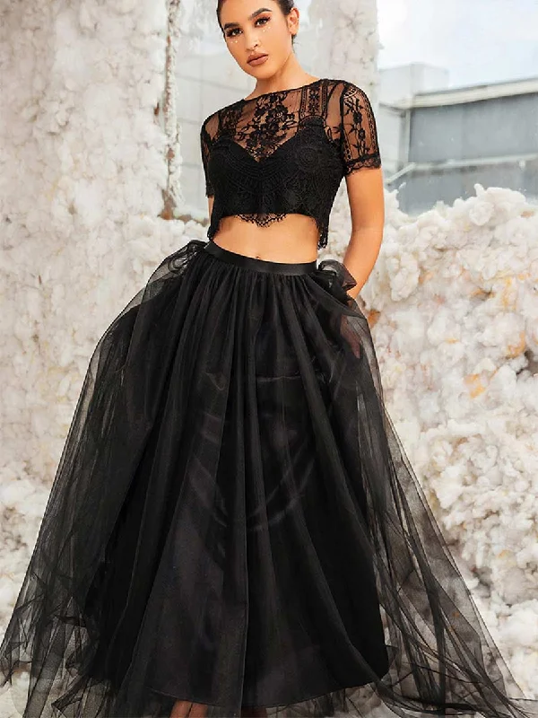 Black Two Piece Wedding Dress A-line Short Sleeve Elegant Women's Formal 