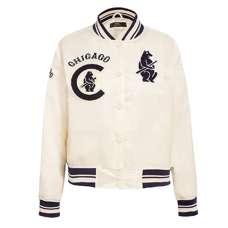 MLB CHICAGO CUBS RETRO CLASSIC WOMEN'S RIB SATIN JACKET (EGGSHELL/ MIDNIGHT NAVY) Gym MLB CHICAGO CUBS RETRO CLASSIC WOMEN'S RIB SATIN JACKET (EGGSHELL/ MIDNIGHT NAVY) Gym