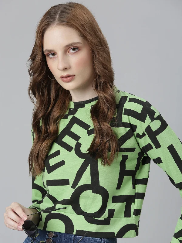 Women Typography Green Crop T Shirt Monochromatic Office Style