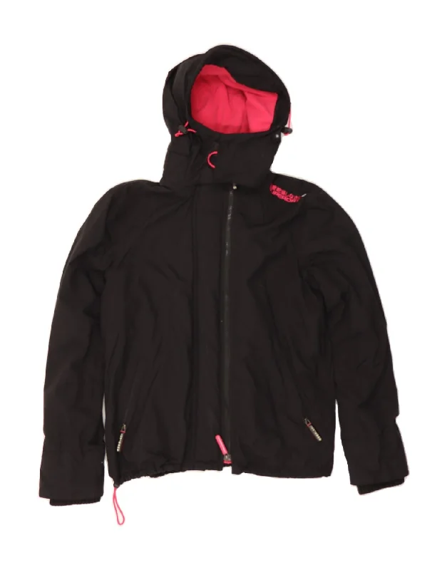 SUPERDRY Womens Windcheater Hooded Windbreaker Jacket UK 18 XL Black Nylon Preppy Women's College