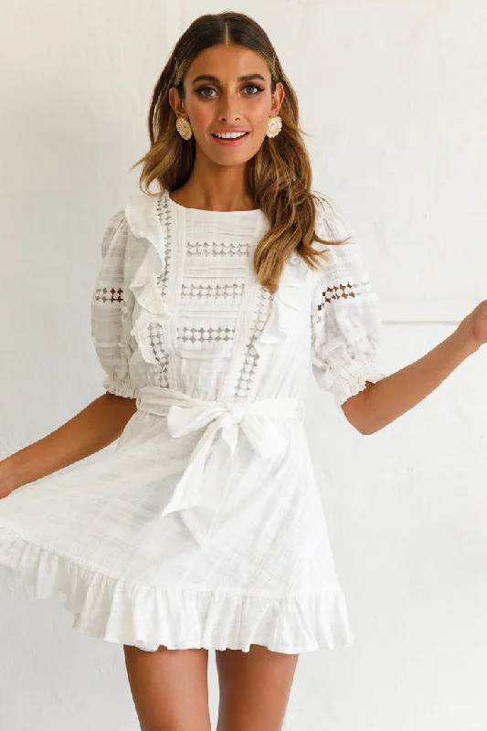 Delia Puff Sleeve Crochet Detail Dress White Modern Women's 