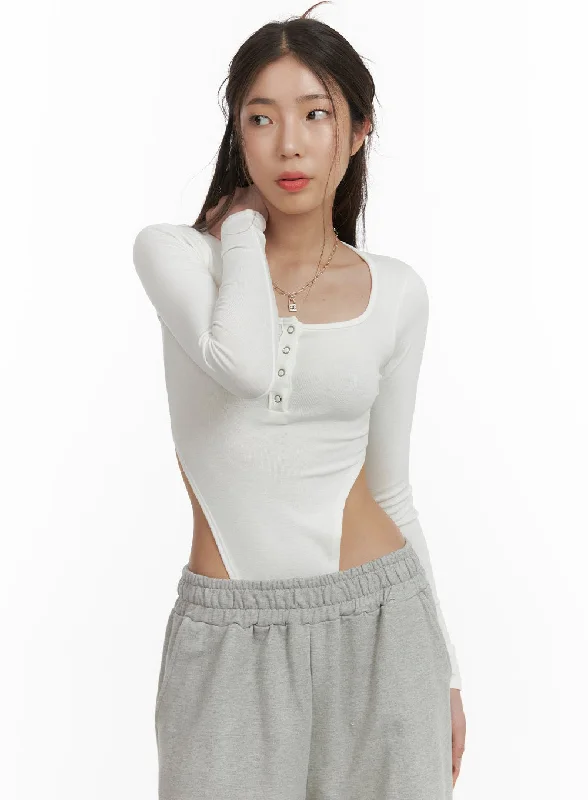 U-Neck Buttoned Long Sleeve Bodysuit CY416 Athletic Women's 