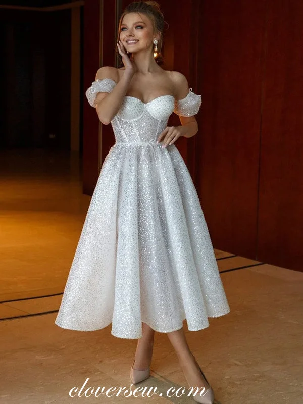 White Sequined Tulle Off The Shoulder Sweetheart Short Wedding Dresses, CW0350 Sophisticated Women's Tailored White Sequined Tulle Off The Shoulder Sweetheart Short Wedding Dresses, CW0350 Sophisticated Women's Tailored