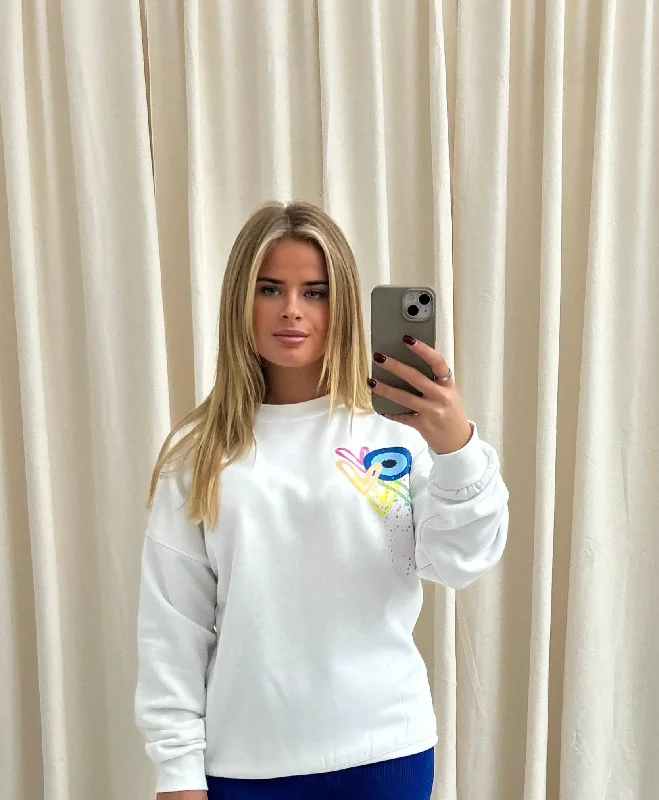 Neon Heart/Evil Eye Graffiti Sweatshirt White Refined Women's Hand - crafted