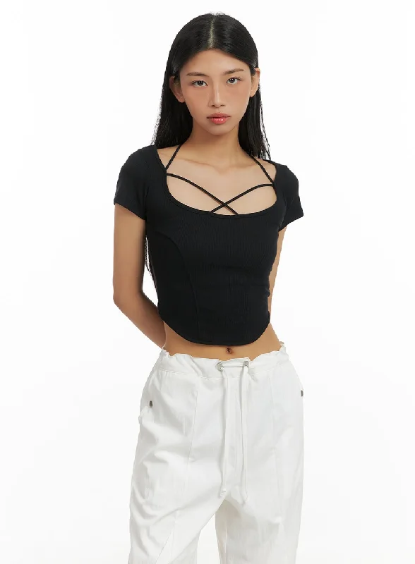 X Strap Solid Crop Tee CA424 Classic Women's Pin - striped