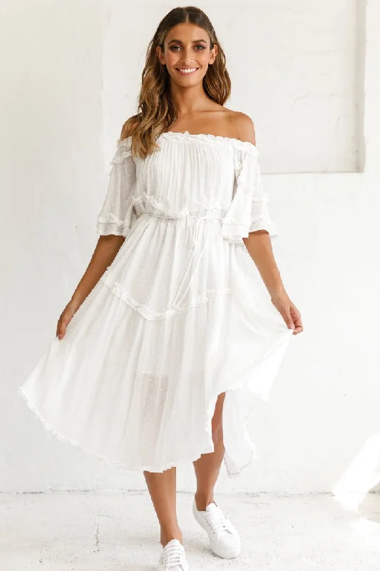 Renoir Off-Shoulder Frill Trim Midi Dress White Laid - back Women's Style