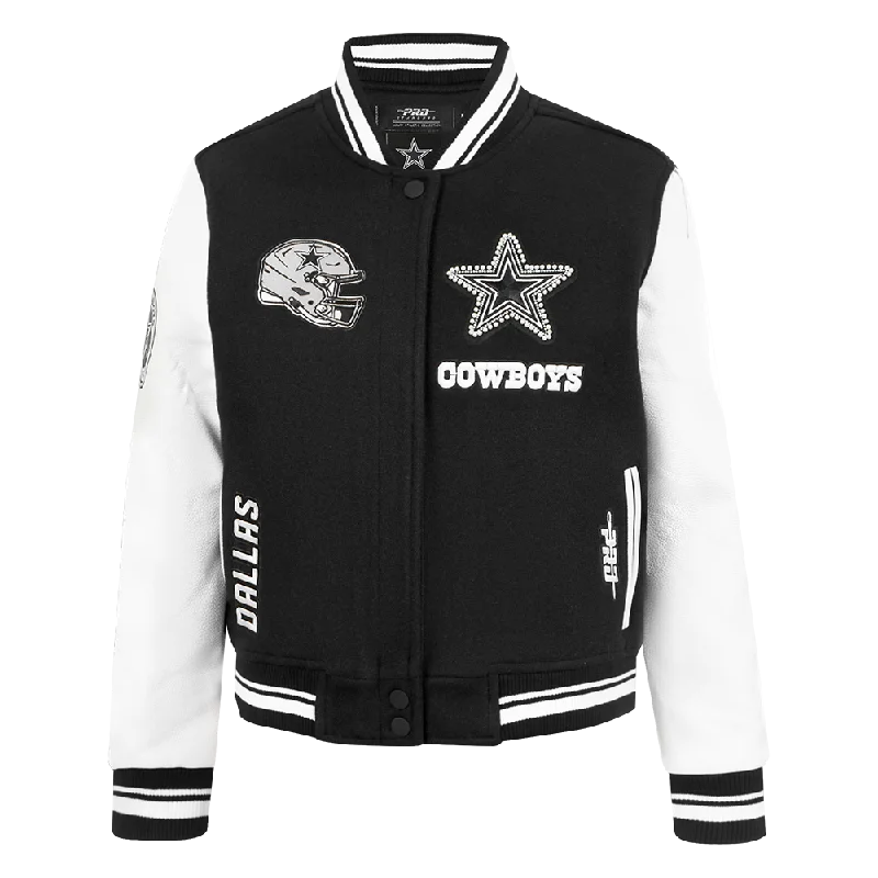 NFL DALLAS COWBOYS PEARLS WOMEN'S RIB WOOL VARSITY JACKET (BLACK/WHITE) Adventure
