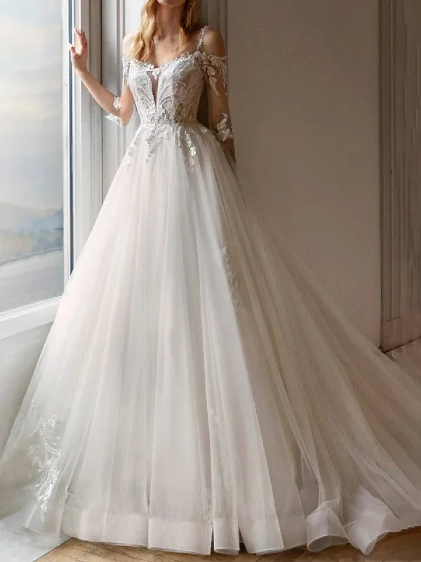 Vintage A Line Wedding Dresses Princess Tulle V-Neck