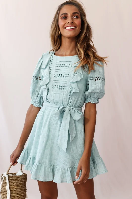 Delia Puff Sleeve Crochet Detail Dress Sage Vacation