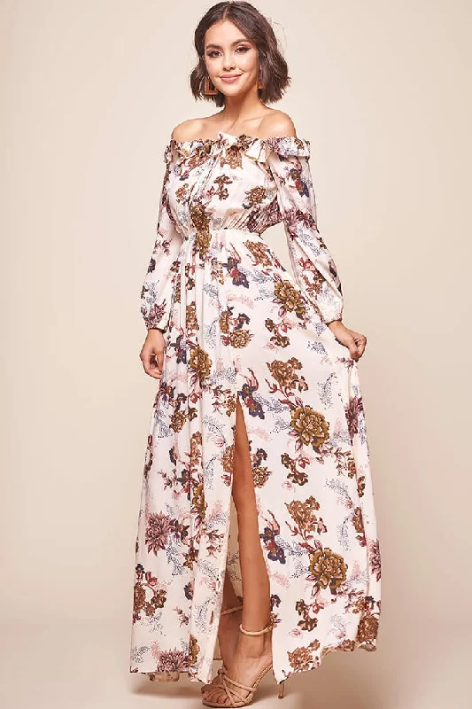 Tatiana Bardot Frill Neckline Maxi Dress Mocha Vacation