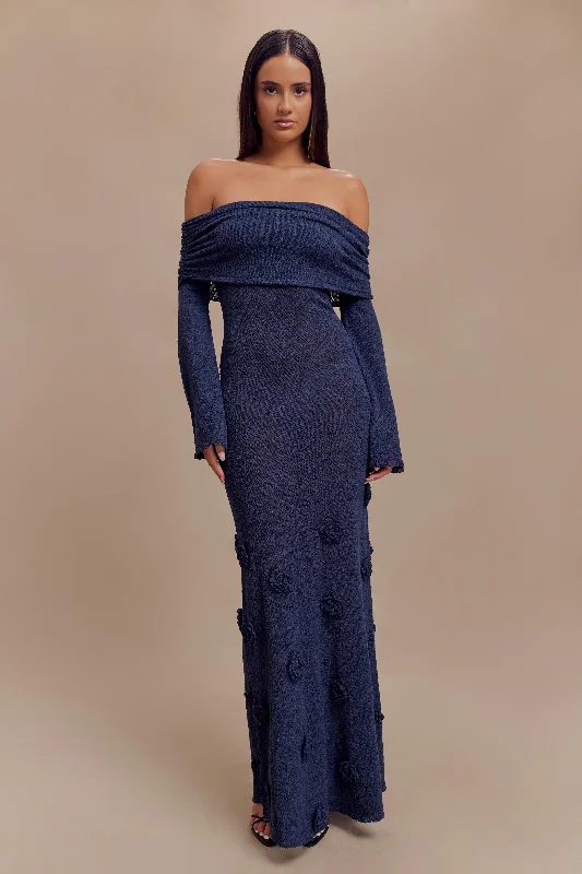 Kiki Off Shoulder Knit Rose Maxi Dress - Navy Dynamic Women's High - energy