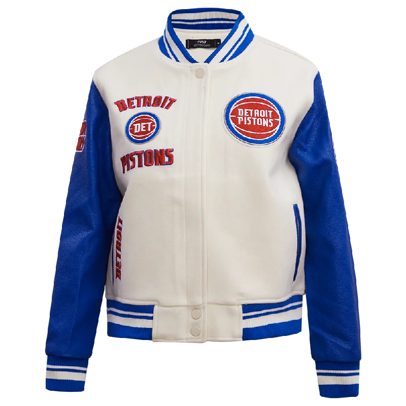 NBA DETROIT PISTONS RETRO CLASSIC WOMEN'S RIB WOOL VARSITY JACKET (EGGSHELL/ROYAL BLUE)