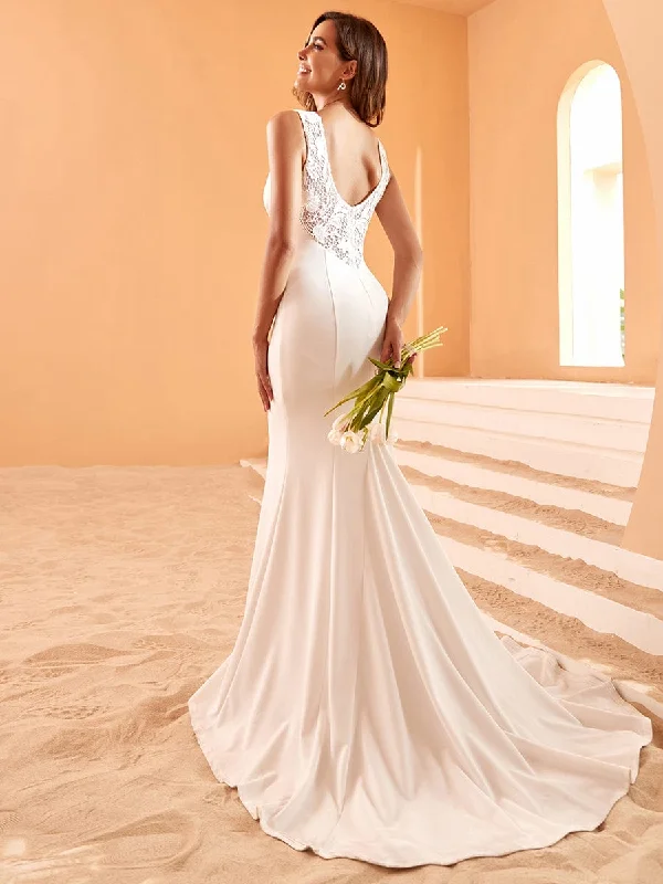 Embroidery Backless Mermaid Sleeveless Deep V-Neck Wedding Dress Hip Women's Urban
