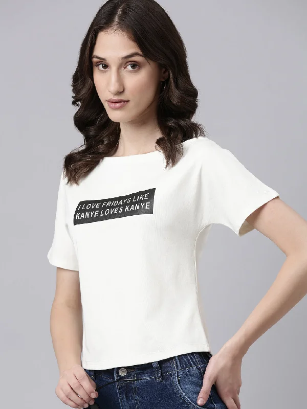 Women Off White Typographic Slim Fit Tshirt Casual Women's Loose - fitting