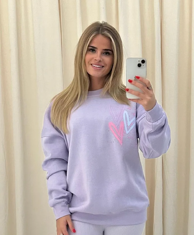 Miss Runway Pastel Heart Graffiti Sweatshirt Lilac Trendy Women's 