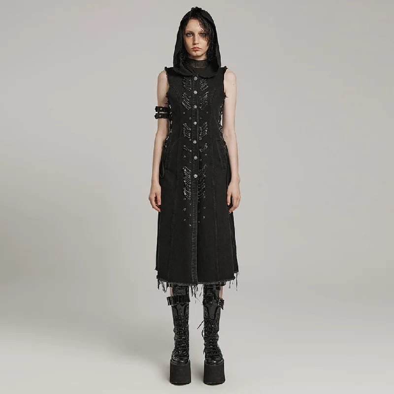 Women's Punk Lace-Up Eyelet Long Vest with Hood Monochromatic Office Style