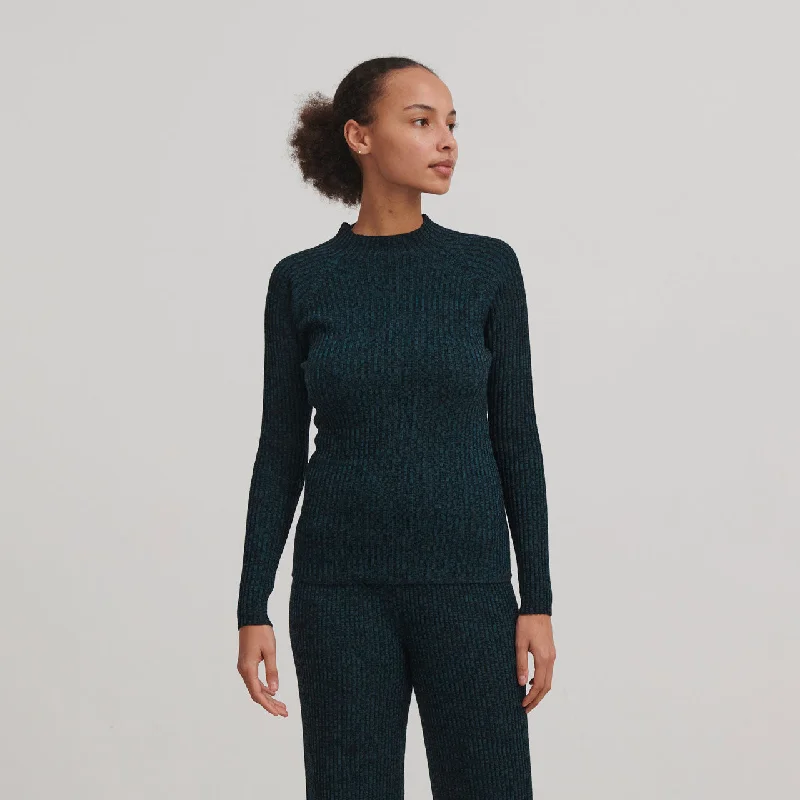 Women's High Neck Long Sleeve Rib Raglan Top - 100% Merino - Black Melange (M) *Last ones Refined Women's Classic 