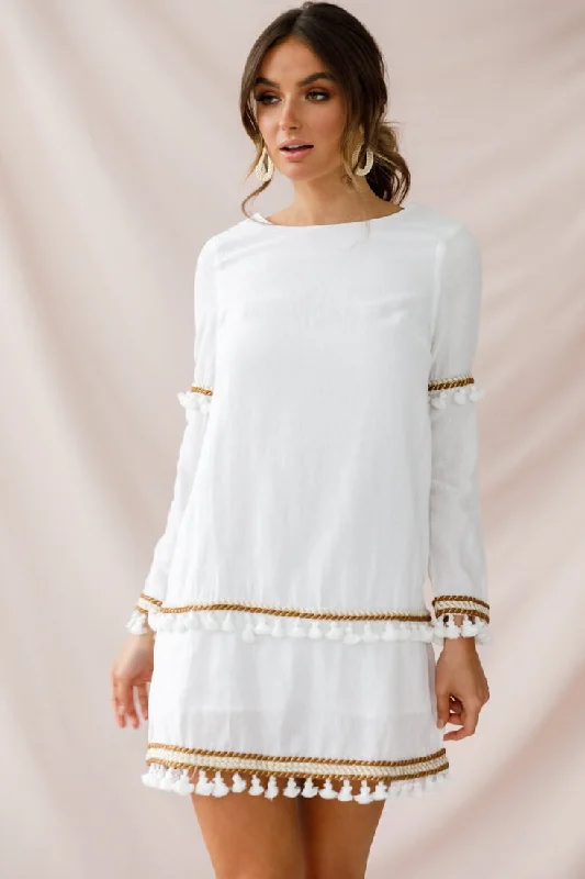 Leticia Tassel Trim Shift Dress White Sustainable Organic