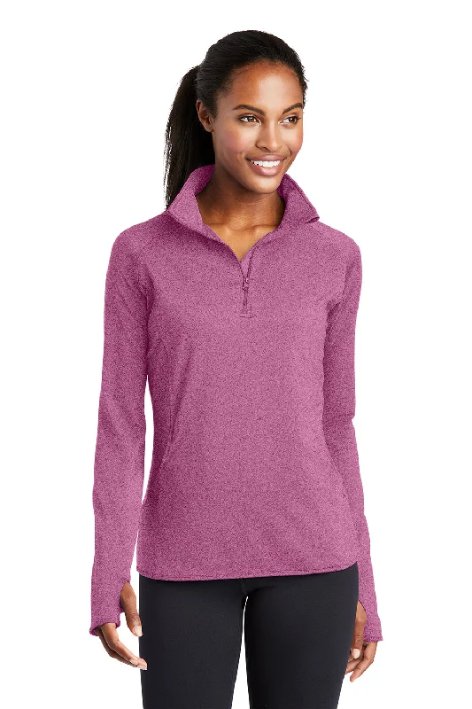 Sport-Tek Womens Sport-Wick Moisture Wicking 1/4 Zip Sweatshirt w/ Pouch Pocket - Heather Pink Rush Bohemian Women's Free