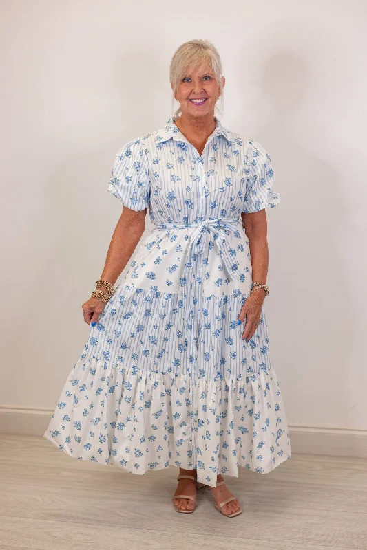 Striped Florals Blue Midi Dress Streetwear Style for 
