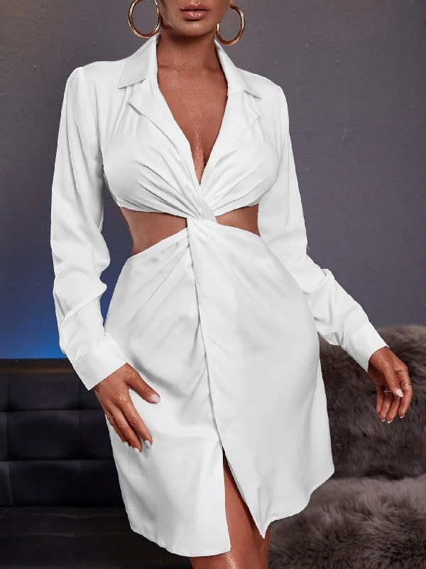 Plain Twist Long Sleeve Lapel Slit Natural Short Dress Sophisticated Women's 