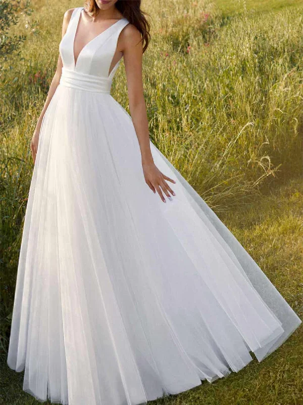 Modern A Line Wedding Dresses Sleeveless V Neck Organza garde