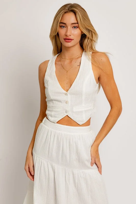 Newport Cotton Sleeveless Button Down Vest Trendy Women's 