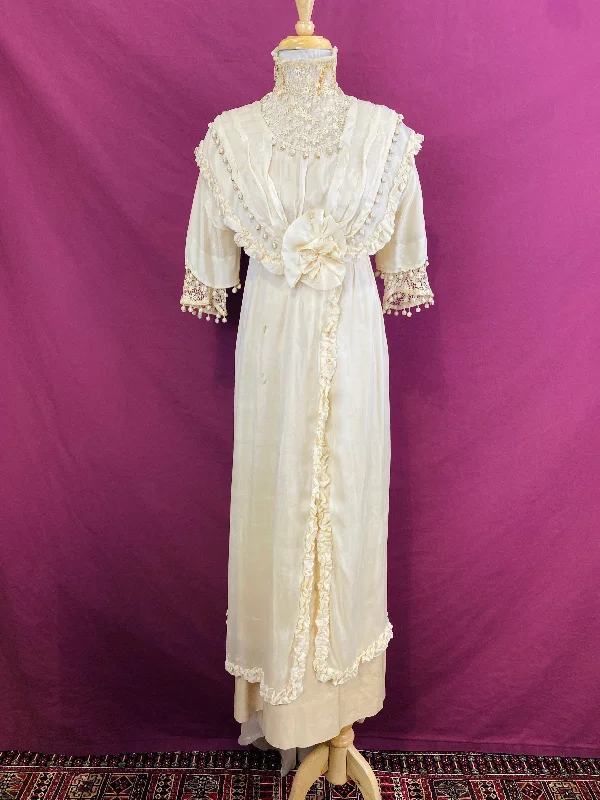 Antique Edwardian 1910s Cream Silk Chiffon & Crochet Dress, XXS