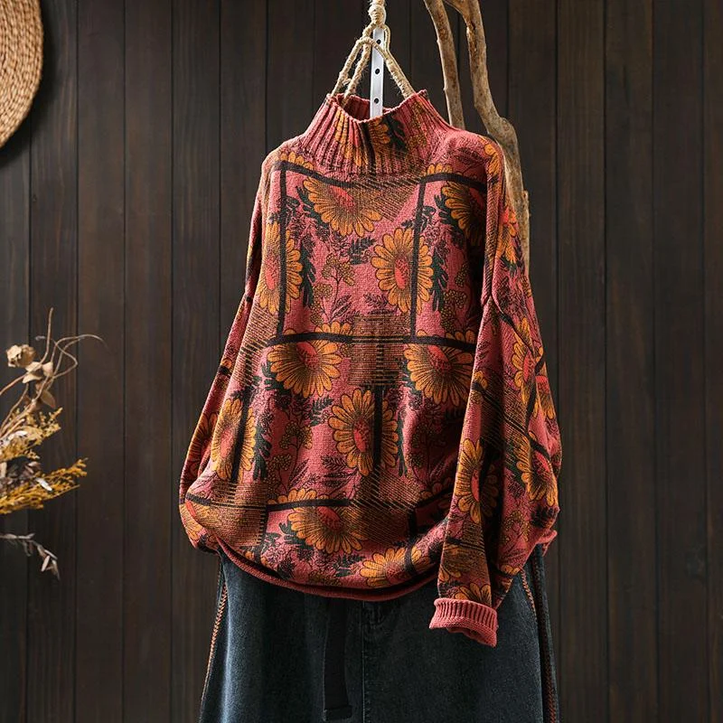 Babakud Women Autumn Sunflower Printed Mock Neck Cotton Sweater Dynamic Women's High - energy Babakud Women Autumn Sunflower Printed Mock Neck Cotton Sweater Dynamic Women's High - energy