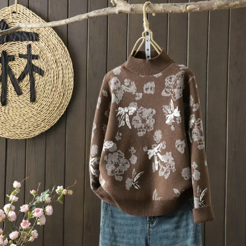 Babakud Women Winter Retro Printed Floral Wool Knitted Sweater Sophisticated Women's Babakud Women Winter Retro Printed Floral Wool Knitted Sweater Sophisticated Women's
