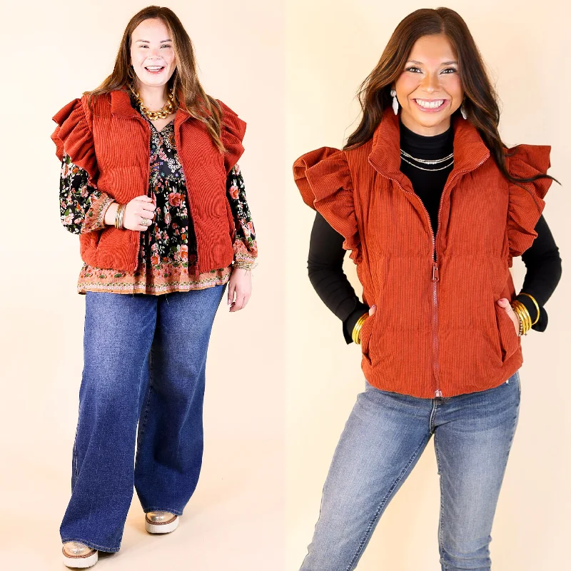 Winter Wanderlust Corduroy Puffer Vest with Ruffle Sleeves in Rust Red Confident Women's High - fashion