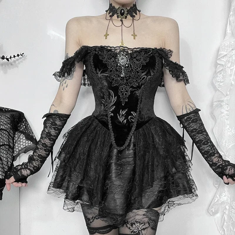 Women's Gothic Ruffled Lace Splice Velvet Vest Rugged Women's Outdoor 