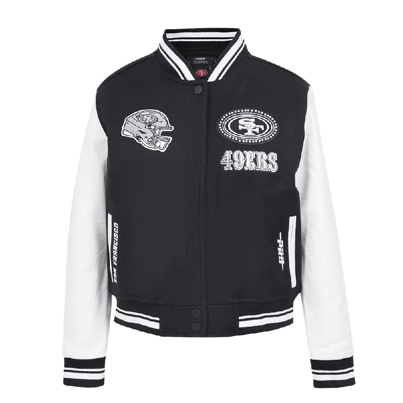 NFL SAN FRANCISCO 49ERS PEARLS WOMEN'S RIB WOOL VARSITY JACKET (BLACK/WHITE) Minimalist Women's Casual NFL SAN FRANCISCO 49ERS PEARLS WOMEN'S RIB WOOL VARSITY JACKET (BLACK/WHITE) Minimalist Women's Casual