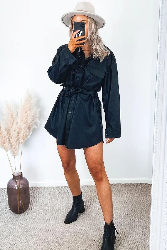 Black Faux Leather Belted Shirt Mini Dress - Alese Artistic Women's Hand - painted