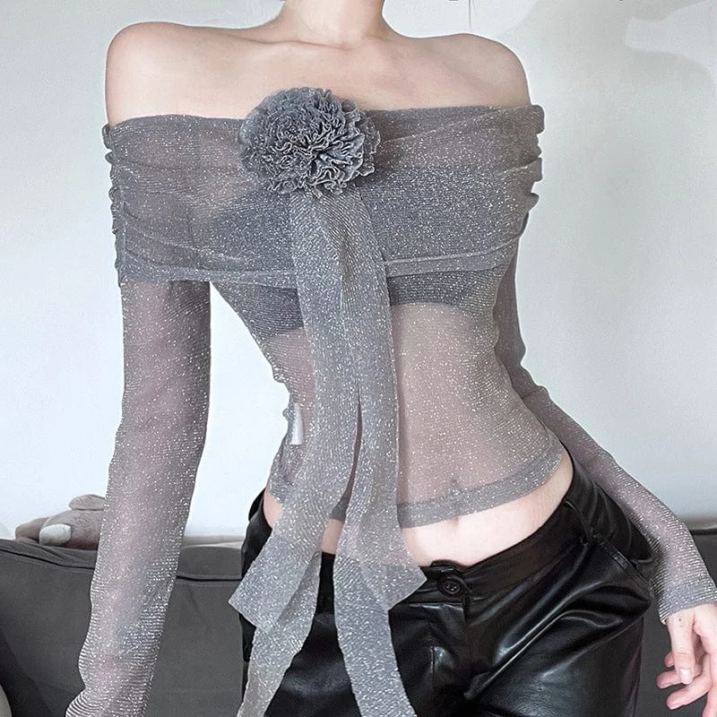Women's Grunge Flower Mesh Off Shoulder Long Sleeved Crop Top Elegant Women's Formal 